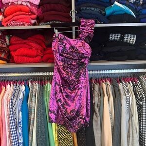 Ruby Rose fuchsia with black print overlay one shoulder mini dress size 5